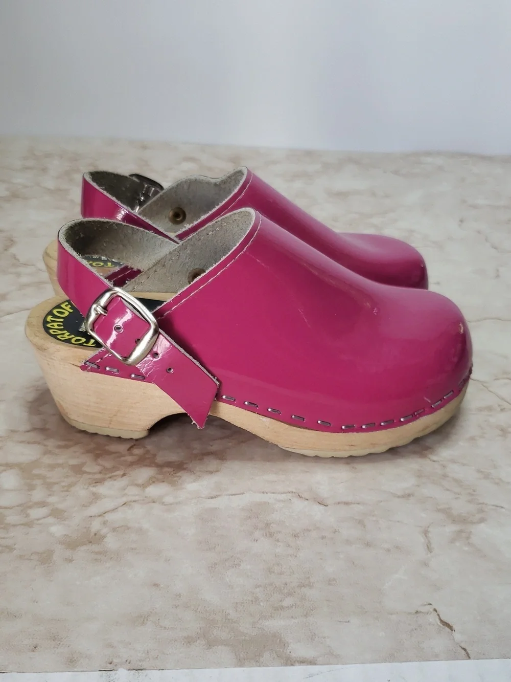 Torpatoffeln Hot Pink Patent Leather Wooden   Girls Clogs Size 28